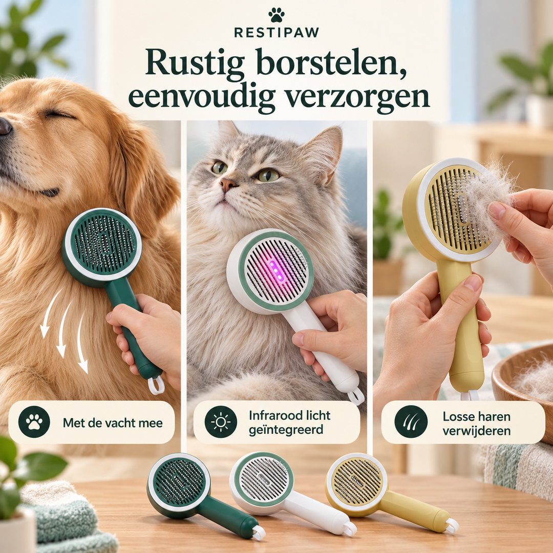 Restipaw® Zelfreinigende Vachtborstel met infrarood licht | Minder losse haren, minder rommel